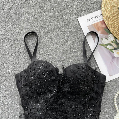 Women Hotsweet Sleeveless Sexy Chest Cushion Lace Backless Embroidered Beads Slim Straps Camis Top High Street Autumn Clothing