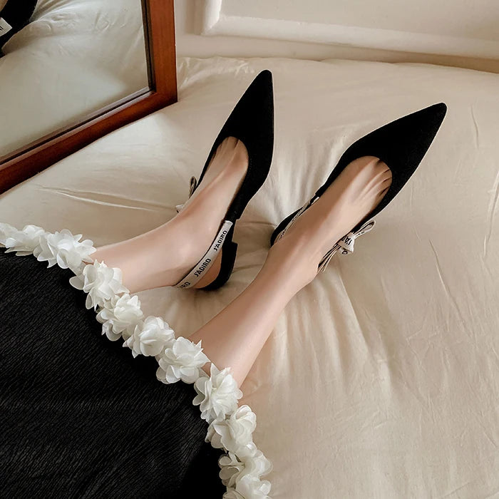 New Summer Low Block Heel Suede Pointed Toe Low-Cut Flats with Letter Back Strap Closed-Toe Sandals