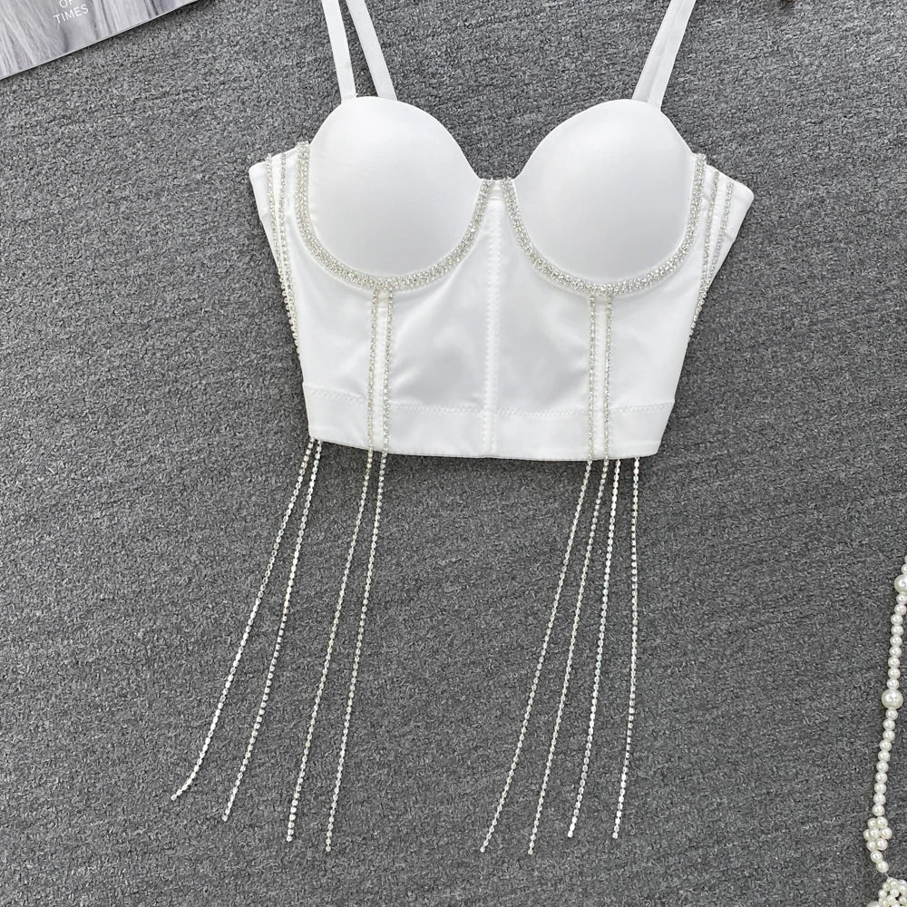 Women Chic Tassels  Pads Rhinestone Basic  Corset Straps Camis Slim  Hot Sexy Fashion Bare NavelBackless Tops Women Crop Top