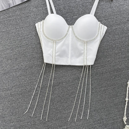 Women Chic Tassels  Pads Rhinestone Basic  Corset Straps Camis Slim  Hot Sexy Fashion Bare NavelBackless Tops Women Crop Top
