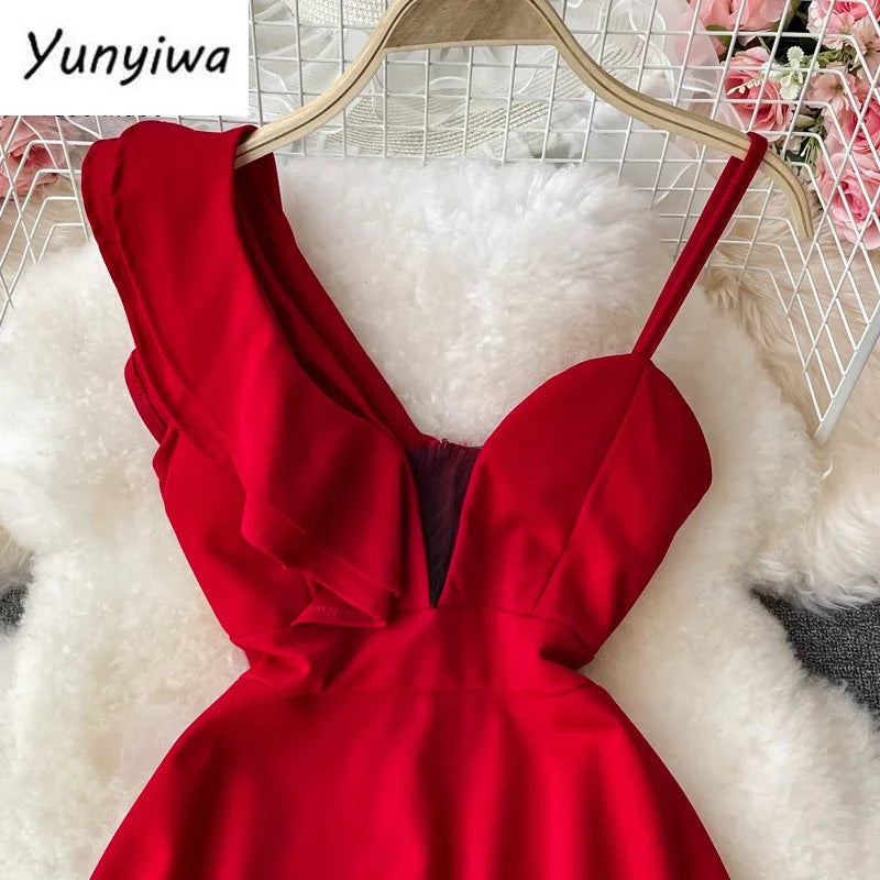 Ins Fashion Sexy Backless One Shoulder Strap Club Dress Chic High Waist A-line Mini Dress Women Red Party Dress