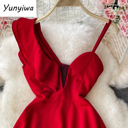 Ins Fashion Sexy Backless One Shoulder Strap Club Dress Chic High Waist A-line Mini Dress Women Red Party Dress