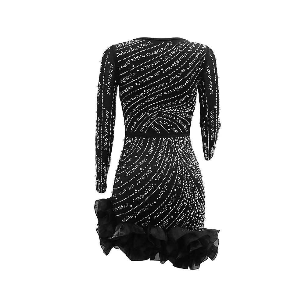 CM.YAYA Spring Women Long Sleeve Ruffles Hot Drilling Bead Short Dress Sexy Night Club Evening Birthday Mini Dresses Vestidos