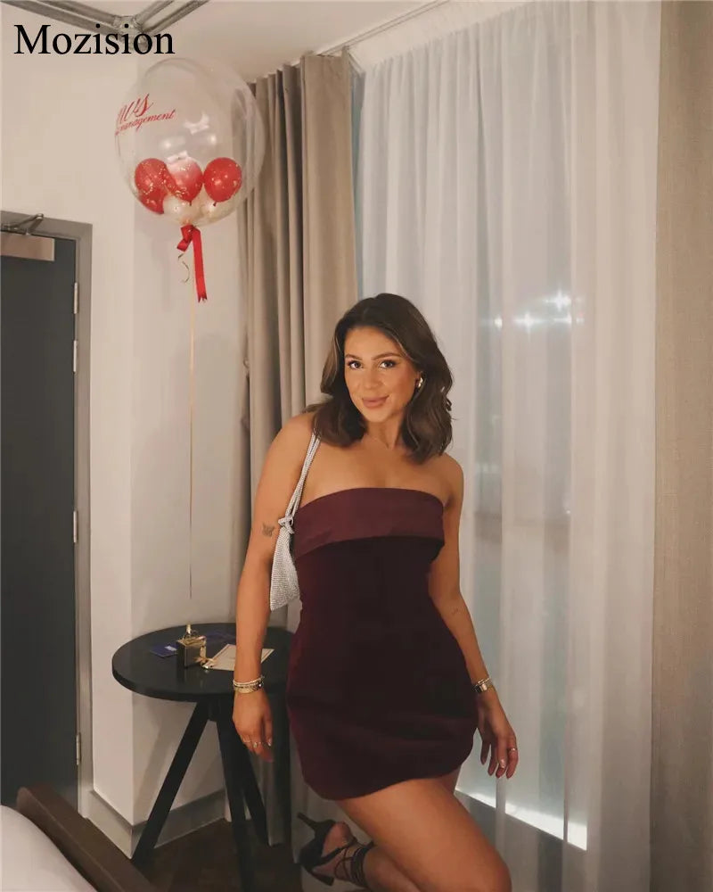 Mozision Strapless Backless Sexy Mini Dress Women Fashion With Zipper Off-shoulder Sleeveless A-line Bodycon Club Party Dress