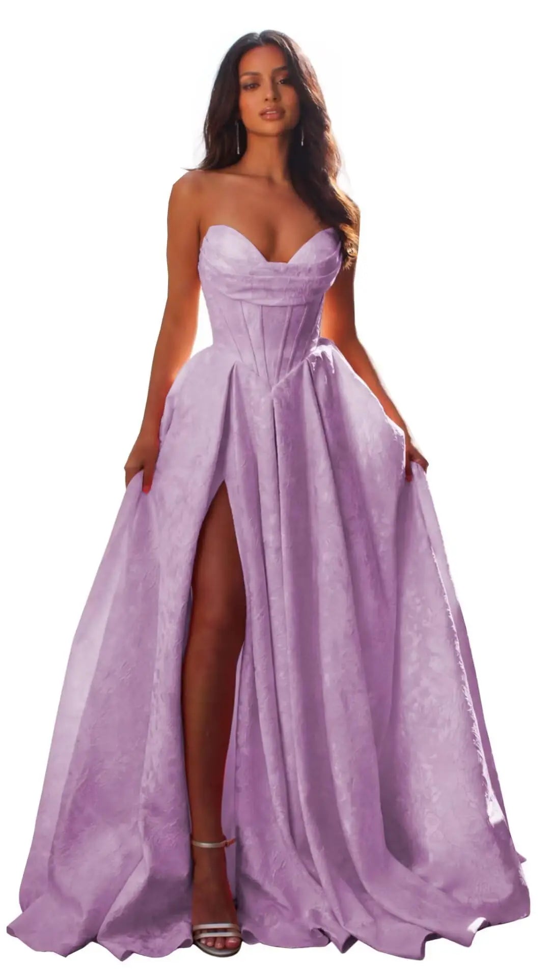 Women Elegant Jacquard Satin Prom Dresses with Slit Strapless Corset A Line Long Formal Gowns Evening Gowns Party Dresses