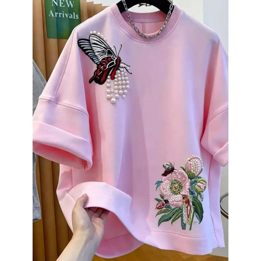 Original Heavy Industry Flower Butterfly Embroidered Pearl Beaded Short Sleeve T-shirt Women's European Style Luxury Fashion Top