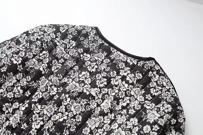 HH Floral Print Jacket For Women Autumn Quilted Reversible Cotton Coat Cardigan Long Sleeve Jackets Elegant Woman Streetwear