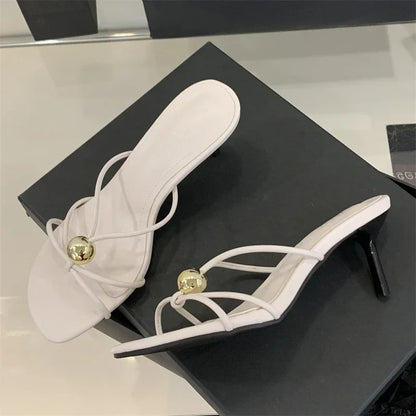 Aneikeh Fashion Low Thin Heels Design Narrow Band Women Slippers Narrow Band Round Head Sandal Mules Slides Shoes Zapatos Mujer
