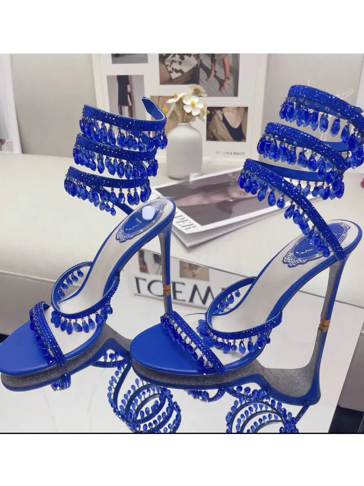 2024Women's New Water Diamond Sandals Fashion Tassel Crystal Shoes Sexy Banquet Party Twin Stiletto Women's Large Sandals