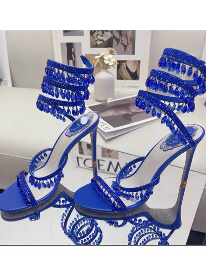 2024Women's New Water Diamond Sandals Fashion Tassel Crystal Shoes Sexy Banquet Party Twin Stiletto Women's Large Sandals