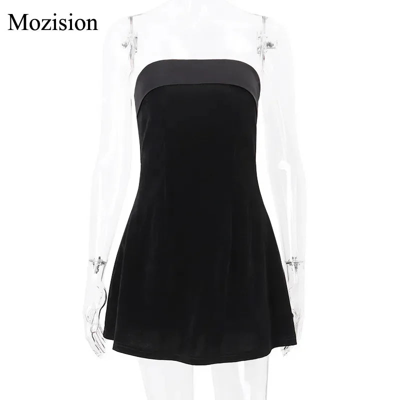 Mozision Strapless Backless Sexy Mini Dress Women Fashion With Zipper Off-shoulder Sleeveless A-line Bodycon Club Party Dress