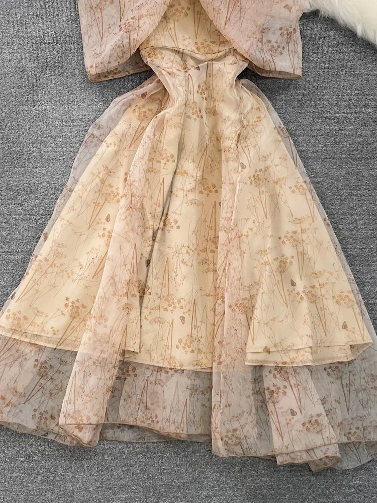 Women Elegant Bow Sexy Chiffon Print A-line Dress Summer One Shoulder High Waist Slim Vintage Seaside Party Vacation Robe