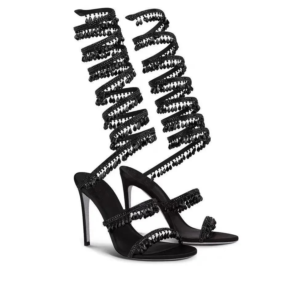 2024Women's New Water Diamond Sandals Fashion Tassel Crystal Shoes Sexy Banquet Party Twin Stiletto Women's Large Sandals