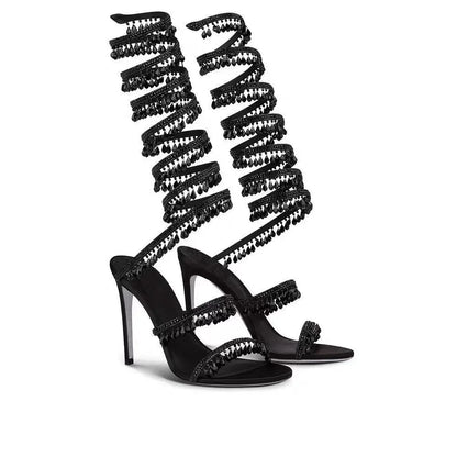 2024Women's New Water Diamond Sandals Fashion Tassel Crystal Shoes Sexy Banquet Party Twin Stiletto Women's Large Sandals