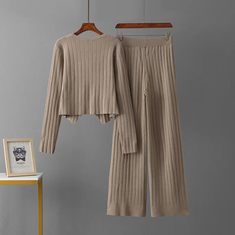 Spring Pink Women's 2 Piece Outfits Long Sleeve Knit Buttons Sweater Top Wide Leg Pants Lounge Sets Tracksuits Casual 2pcs Sets