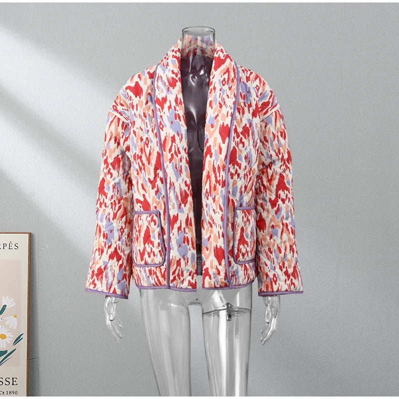 HH Floral Print Jacket For Women Autumn Quilted Reversible Cotton Coat Cardigan Long Sleeve Jackets Elegant Woman Streetwear