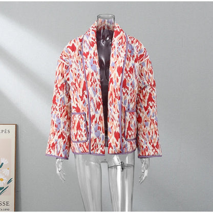 HH Floral Print Jacket For Women Autumn Quilted Reversible Cotton Coat Cardigan Long Sleeve Jackets Elegant Woman Streetwear