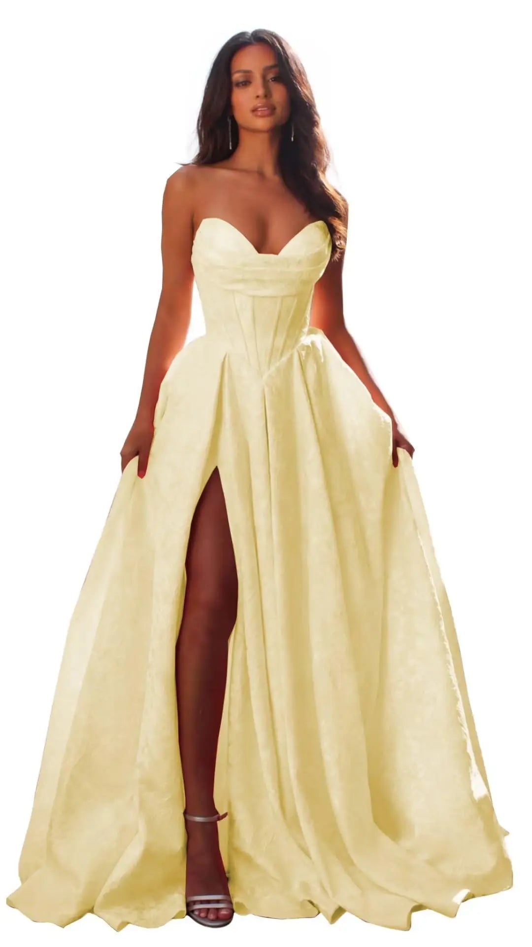 Women Elegant Jacquard Satin Prom Dresses with Slit Strapless Corset A Line Long Formal Gowns Evening Gowns Party Dresses