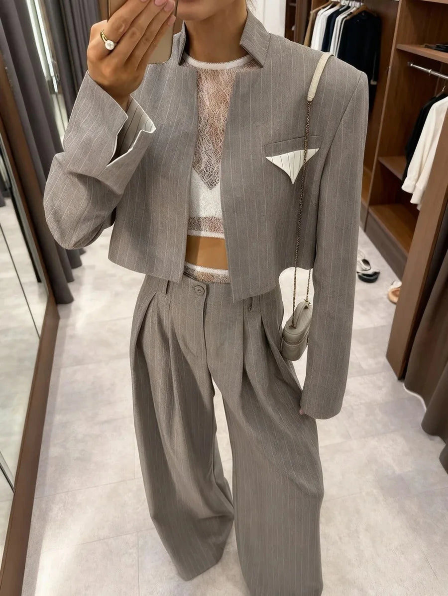 2026 New Gray Stripe Short Suit Jacket Top Loose Wide Leg Pants Two Piece Casual Women Fashion Suit Set