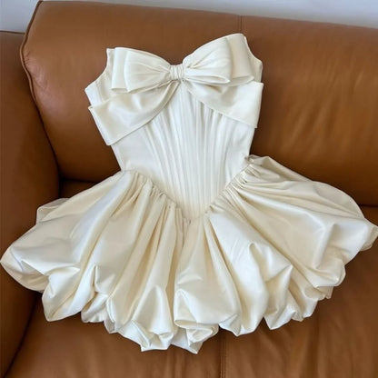Ivory Satin Short Prom Dress Bowknot Sweerheart Style Above Knee Mini Evening Gowns Women Cocktail Party Dress
