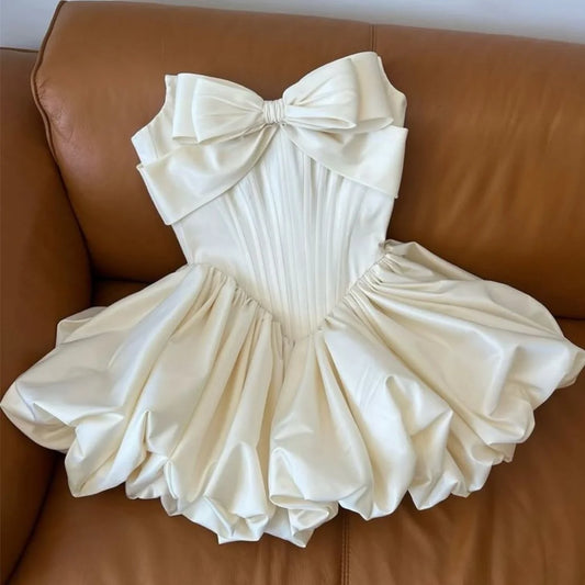 Ivory Satin Short Prom Dress Bowknot Sweerheart Style Above Knee Mini Evening Gowns Women Cocktail Party Dress