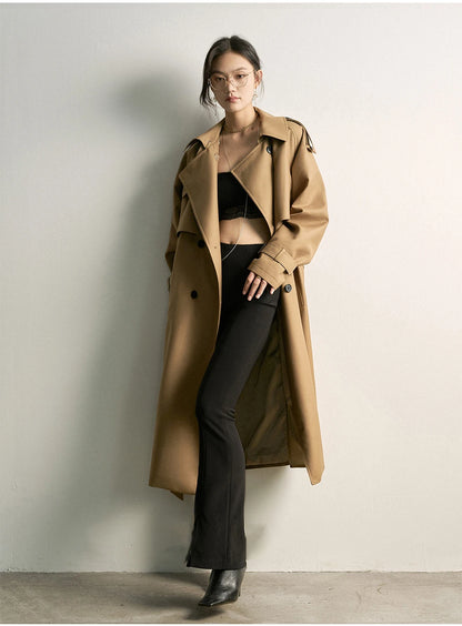 Lautaro Spring Autumn Khaki Long Trench Coat for Women Double Breasted Elegant Luxury Chic British Style Fashion Overcoat 2026