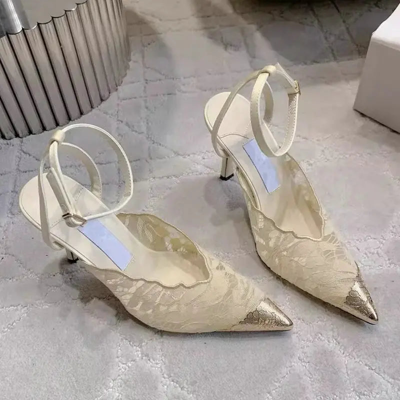 2026 Fashion Lace Sequin Hollow Out Mesh Women Pumps Sexy Pointed Toe Designer Low Heels Slingback Sandals Ladies Shoes