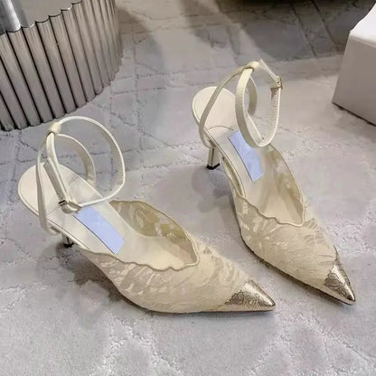 2026 Fashion Lace Sequin Hollow Out Mesh Women Pumps Sexy Pointed Toe Designer Low Heels Slingback Sandals Ladies Shoes