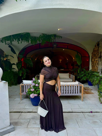 Mozision Hollow Out Short Sleeve Sexy Maxi Dress Women Fashion O Neck Ruched High Waist Bodycon Club Party Long Dress Female