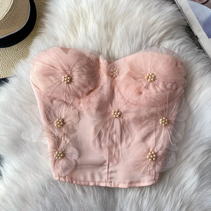 Embellished Short Crop Top Women's Vest with Chest Pad 3D Flower Decoration Slimming Effect Summer Fashion