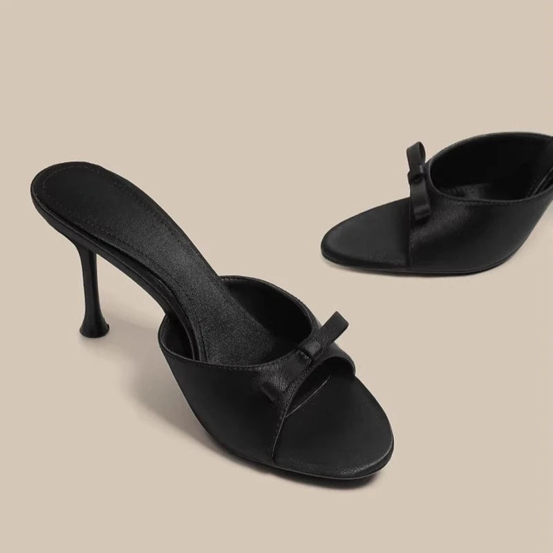 Designer Thin High Heel Summer Women Slippers Fashion Satin Butterfly-knot Dress Slides Ladies Sexy Stripper Party Sandals