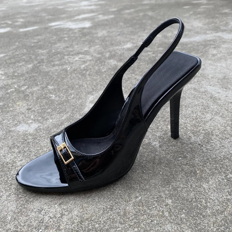 Sexy Red Patent Leather High Heels Women Summer Luxury Designer Metal Buckle Belt Back Strap Designer Sandals Sandalias Mujer