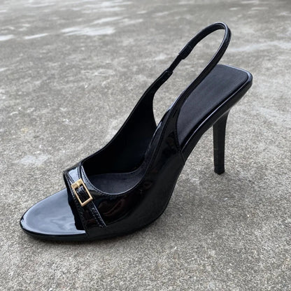 Sexy Red Patent Leather High Heels Women Summer Luxury Designer Metal Buckle Belt Back Strap Designer Sandals Sandalias Mujer