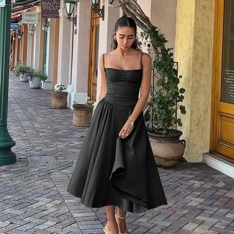 Vintage Floral Midi Dress Women's High Waist A-Line Sundress Green Dresses Summer Female 2025 Wedding Guest New White Evening