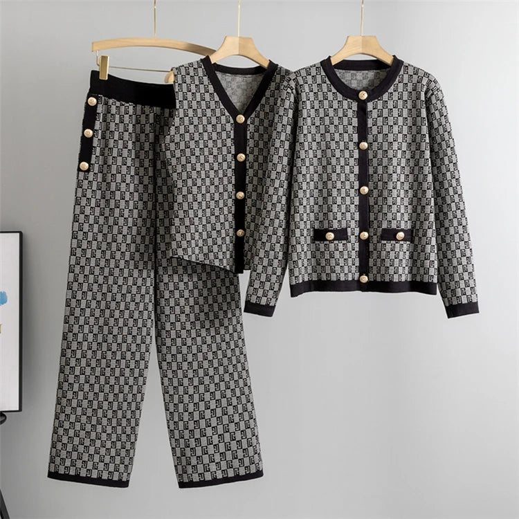 Knited 3 Piece Sets Elegant Women Long Sleeve Sweater Coat Single Breasted Knit Vest Trousers 2026 New