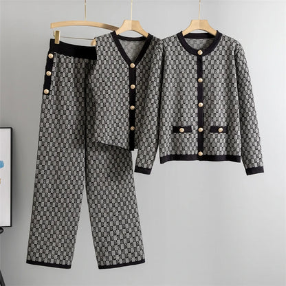 Knited 3 Piece Sets Elegant Women Long Sleeve Sweater Coat Single Breasted Knit Vest Trousers 2026 New