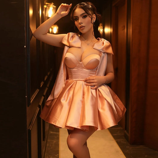 Cute Bow Shoulder Satin Mini Cocktail Dresses Modern Taffeta Puffy Short Evening Prom Dress Custom Made Formal Party Gowns
