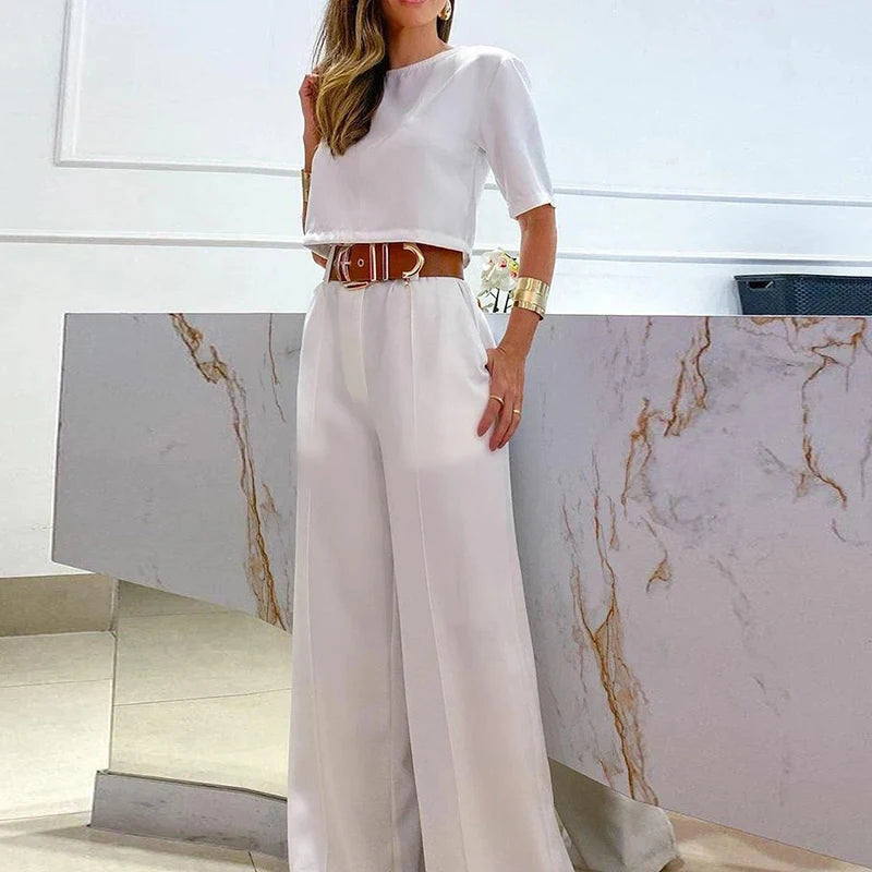 Fashion Office Lady Two Piece Sets O Neck Short Sleeve Short Shirt High Waist Straight Pants Suit Female Summer Outfits