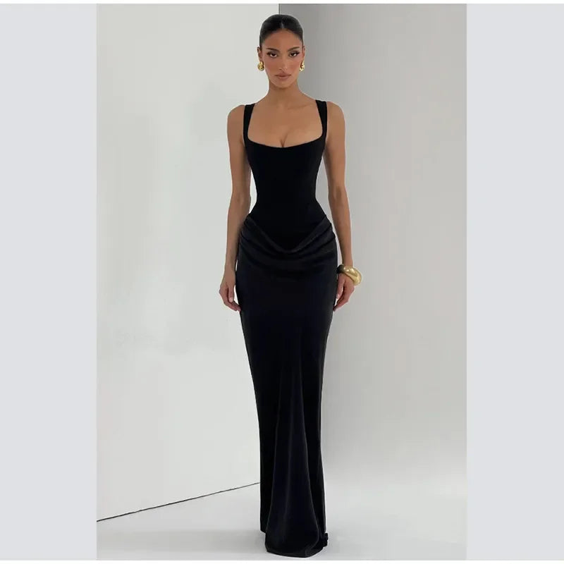 Women Sexy Square-neck Halter Mini Dress 2025 Pleated Sleeveless Backless High Waist Bodycon Dresses New Summer Lady Party Robes
