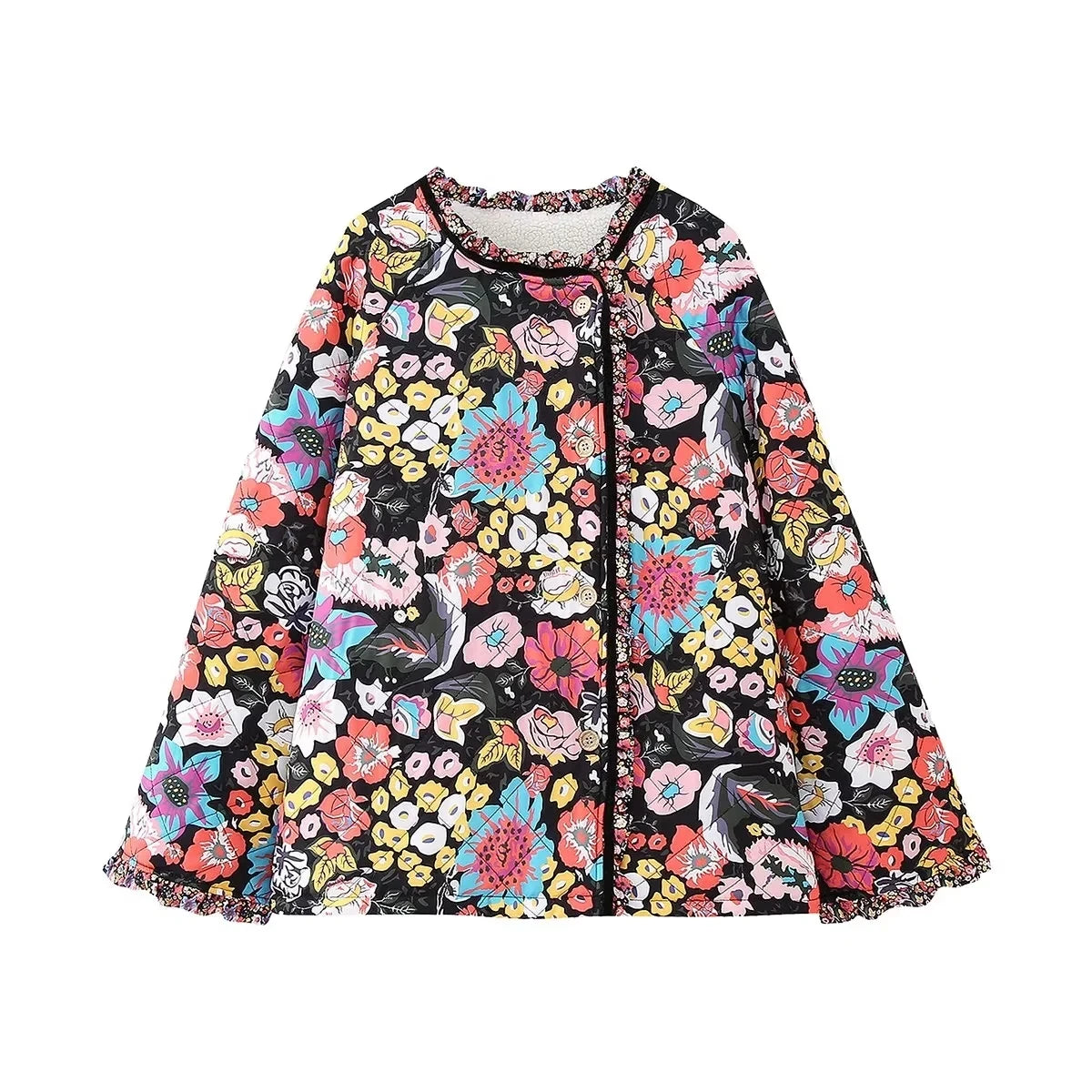 HH Floral Print Jacket For Women Autumn Quilted Reversible Cotton Coat Cardigan Long Sleeve Jackets Elegant Woman Streetwear