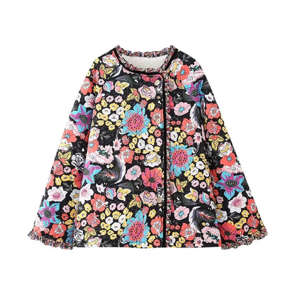 HH Floral Print Jacket For Women Autumn Quilted Reversible Cotton Coat Cardigan Long Sleeve Jackets Elegant Woman Streetwear