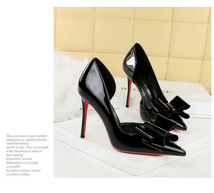 Nude Patent Leather Pointed Toe Stiletto Heel Pumps With Bow Cut Out High Heels For Wedding Party Prom Evening Formal Dress