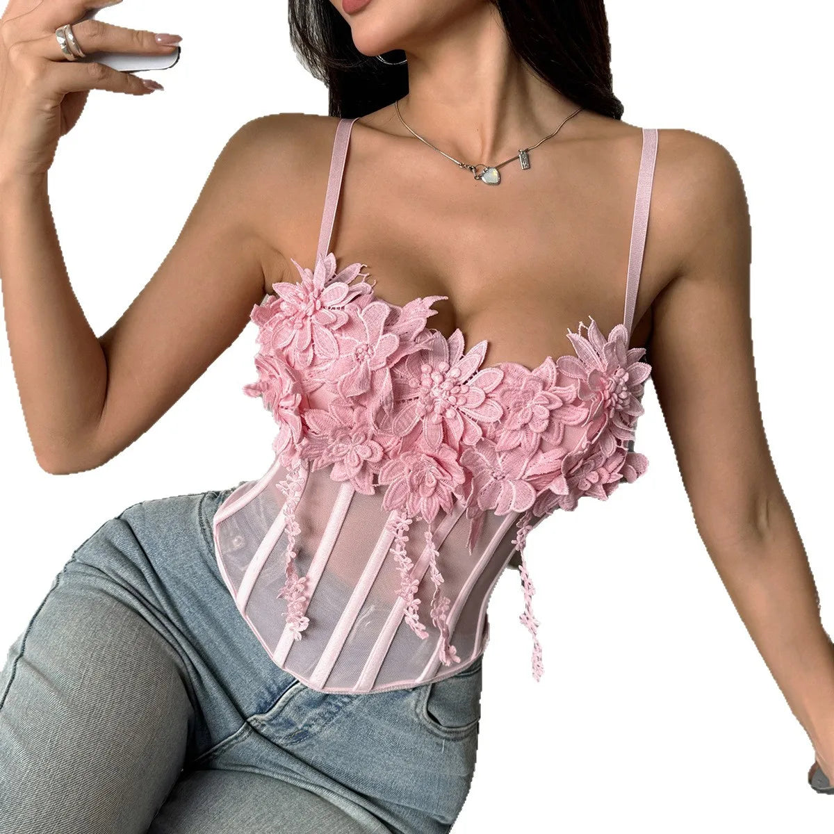 New women's slim fit vest, sexy women's transparent mesh fabric, three-dimensional floral decoration on the chest