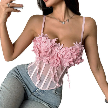 New women's slim fit vest, sexy women's transparent mesh fabric, three-dimensional floral decoration on the chest