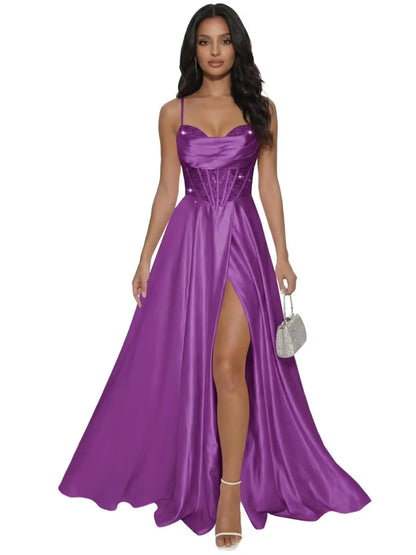 Pleated Satin A Line Prom Dresses for Women Spaghetti Straps Sequin Corset Formal Dress with Slit Formal Dress Women Elegant