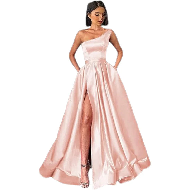 Customized Women's One Shoulder Prom Dresses Long Ball Gown High Slit Satin Corset Formal Dress Evening Gowns with Pockets