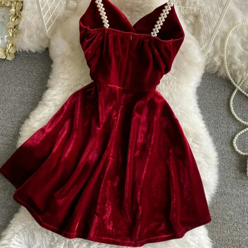 Summer Strap Dress Women Red Velvet A-line Mini Evening Dress Vintage Off Shoulder Luxury Y2K One Piece Frocks Clothes 2025 New