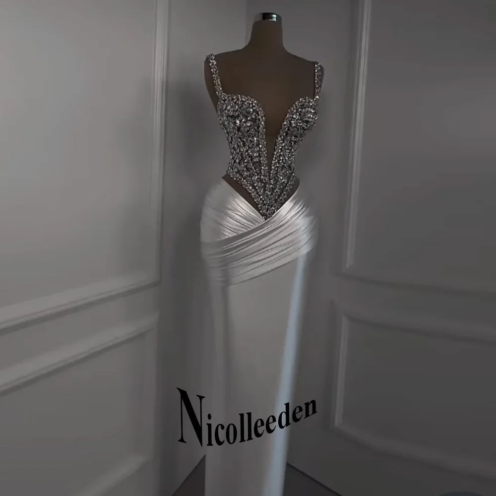 Nicolle Charming Spaghetti Straps Evening Dresses for Women Rhinestones Pageant Celebrity Dresses Vestidos De Gala Customized