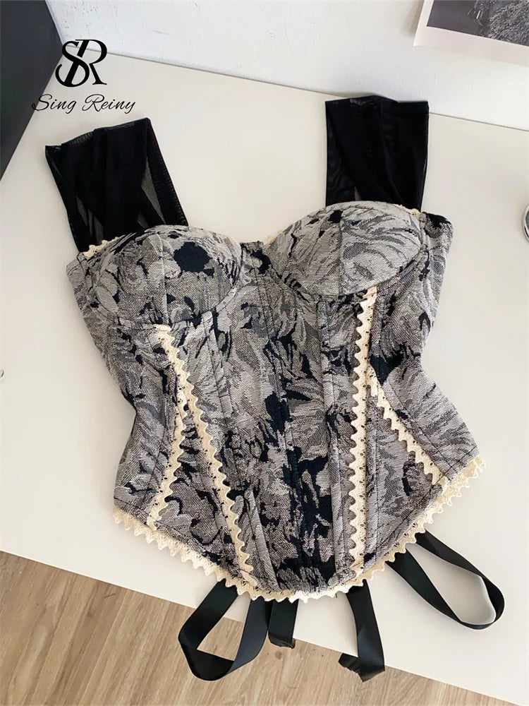 SINGREINY American Retro Print Evening Camisole Female Strap Lace Spliced Slim Top 2025 Streetwear Floral Vintage Beach Tank Top