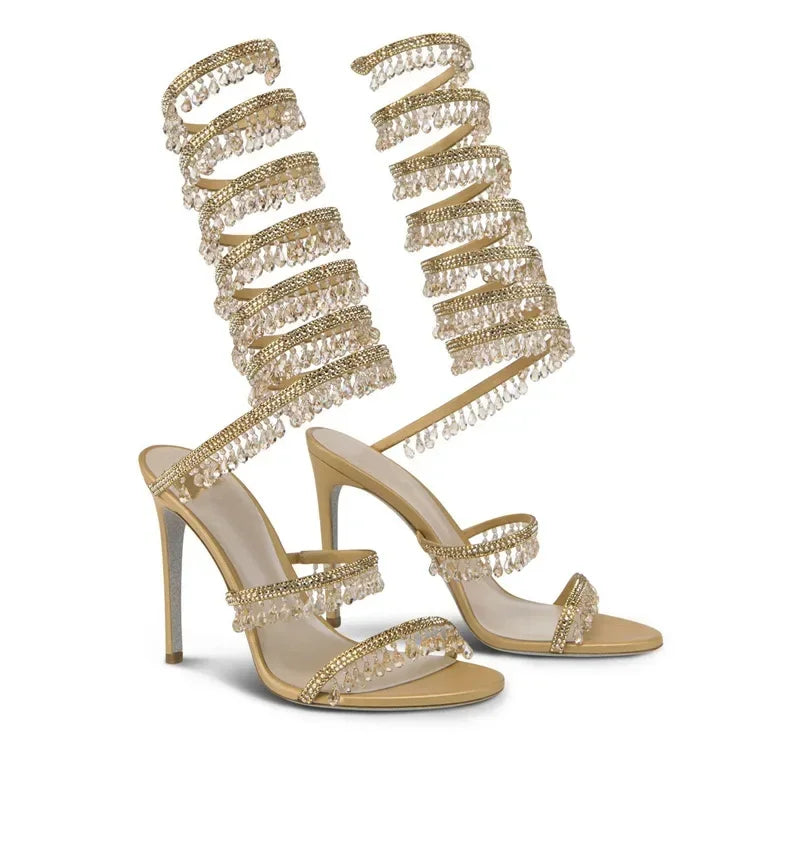 2024Women's New Water Diamond Sandals Fashion Tassel Crystal Shoes Sexy Banquet Party Twin Stiletto Women's Large Sandals